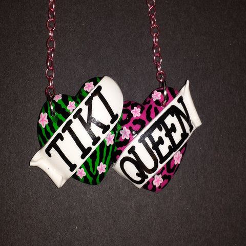 green tiger striped and pink leopard print tiki queen bete noire necklace