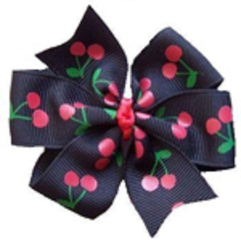 black hair bow with red cherries