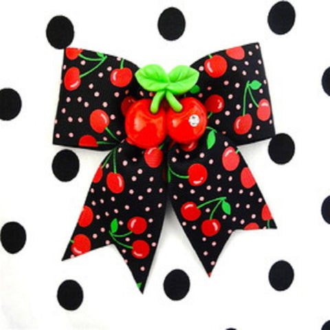 black polka dot hair bow with red cherries from punk up bettie