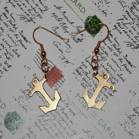 brass drop anchor charm earrings