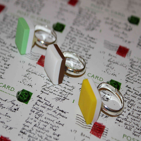 Green, brown & yellow handmade dolly mixture ring