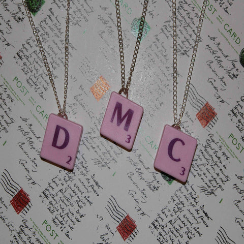 D, M & C pink scrabble necklaces