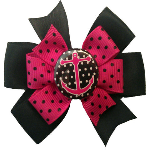 black with pink polka dot anchor hair bow